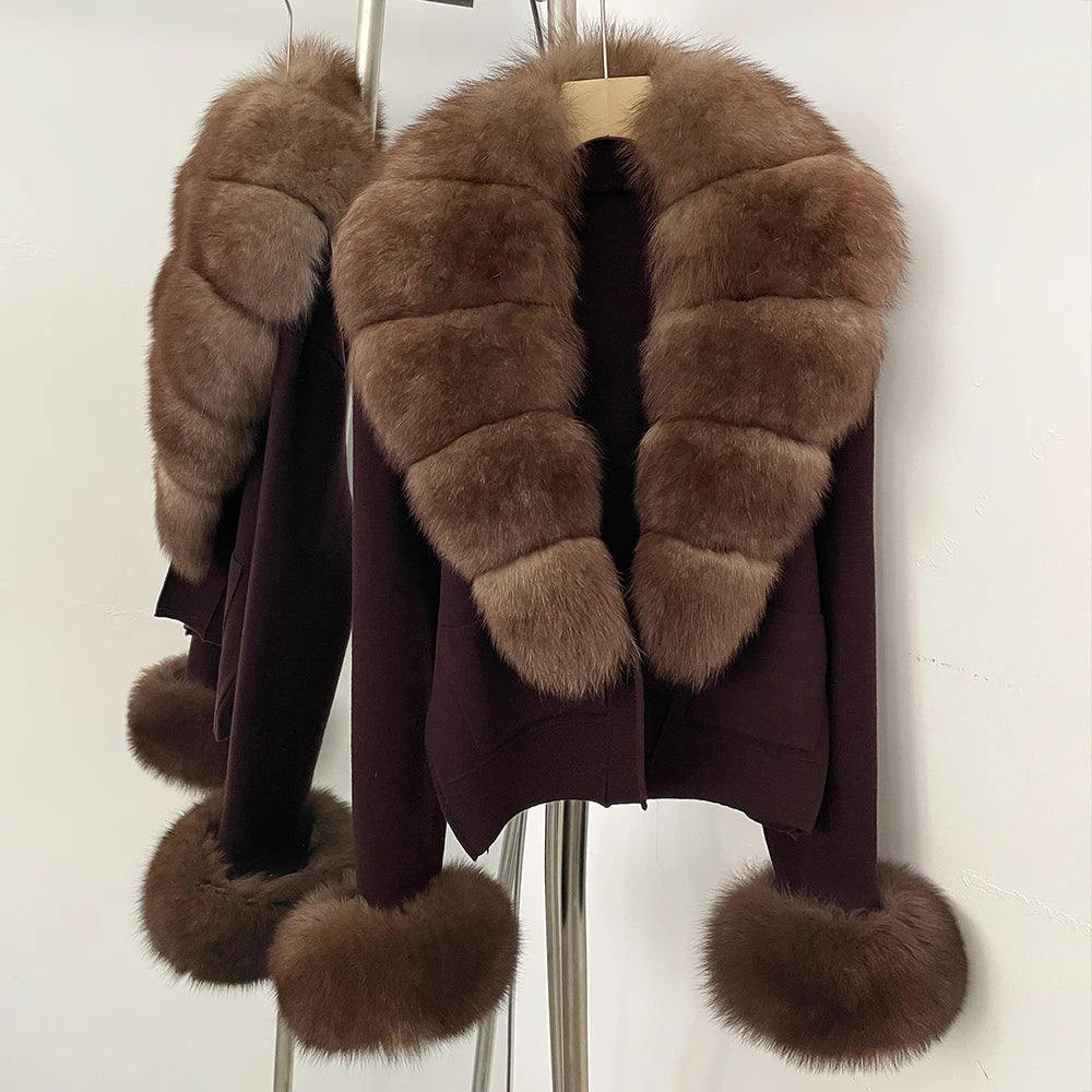 OFTBUY Loose Fit Warm Winter Fashion Lady Outerwear Sweater Female New Women's Knit Cardigan with Large Real Fox Fur Collar