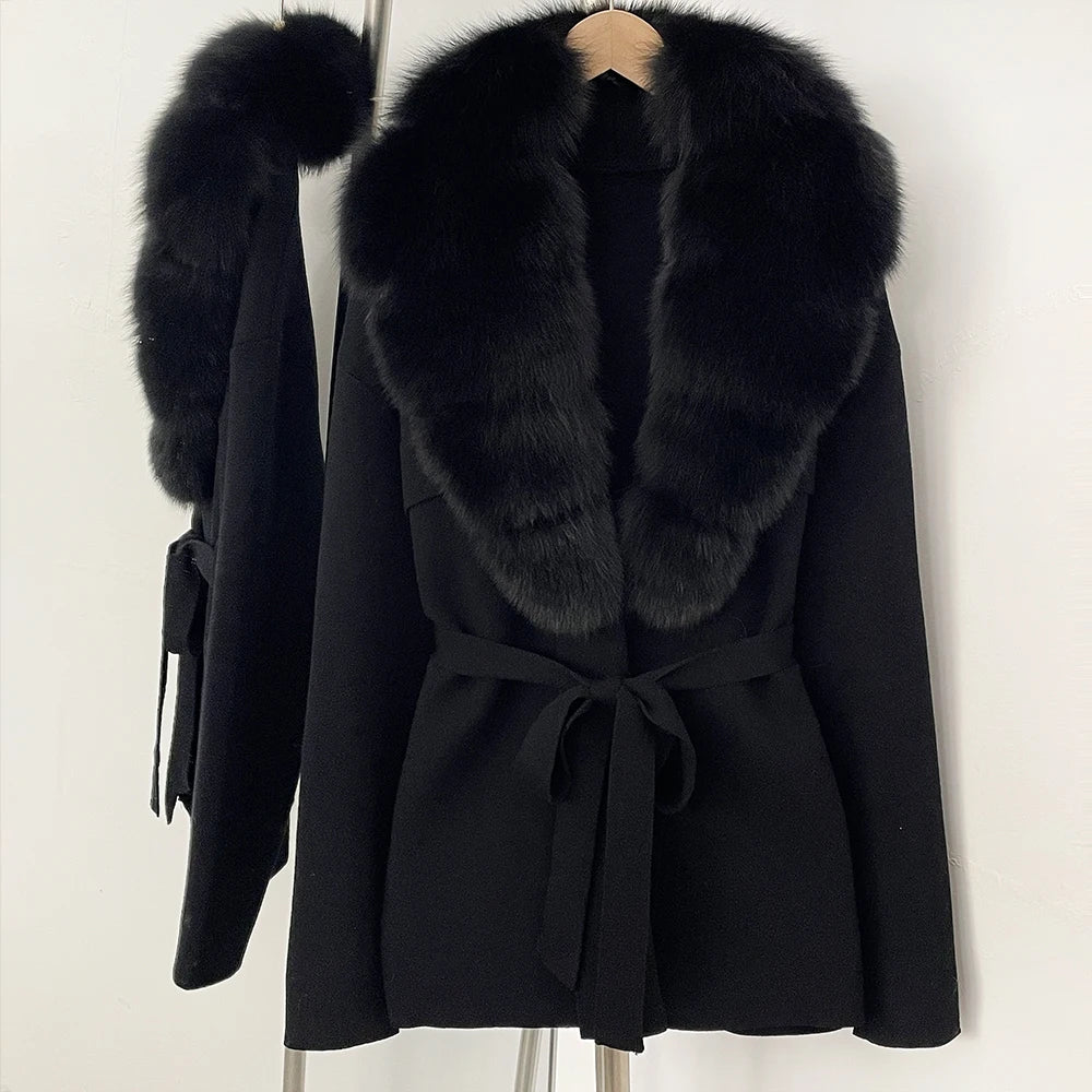 OFTBUY Fashion Real Fox Fur Collar Sweater Lady Loose Luxury Jacket Women's Clothes New Spring Autumn Belt Knit Cardigan Female