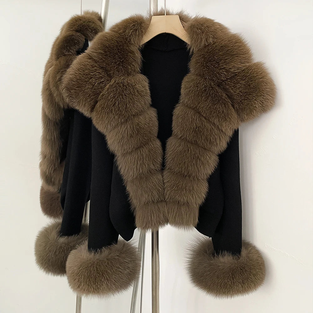 OFTBUY New Autumn Winter Knit Clothing Female Women's Short Cardigan with Big Real Fox Fur Collar Natural Fur Warm Sweater Lady