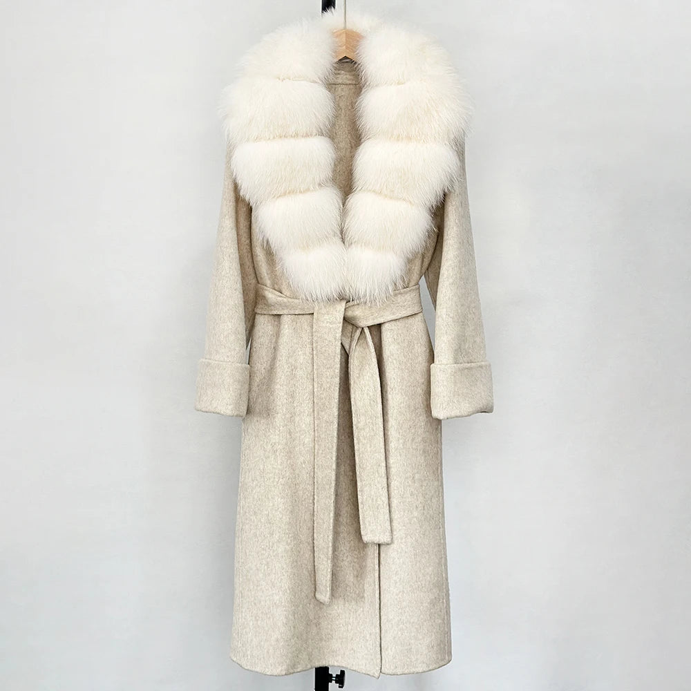 OFTBUY Long Belt 100% Wool Coat with Real Fox Fur Collar Warm Natural Fur Woolen Jacket Female New Autumn Winter Clothing Women