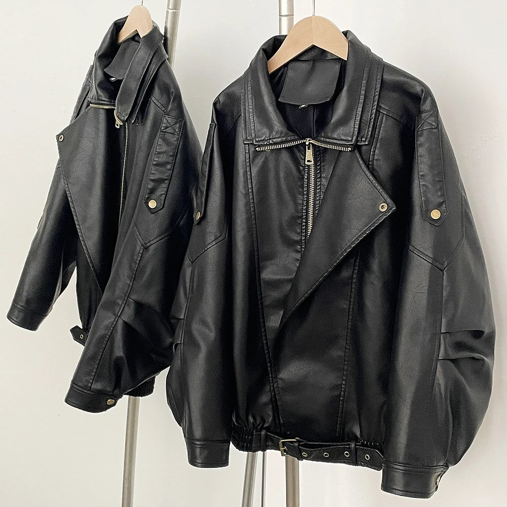 OFTBUY Wholesale Faux Leather Jacket Women Fashion Black Fake Leather Locomotive Coat Female New Spring Autumn Clothes Lady Overcoat