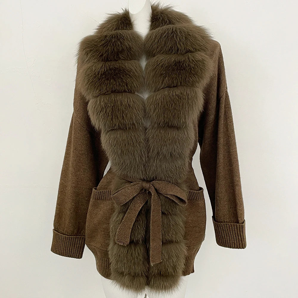 OFTBUY Trim Belted Waist Warm Winter Luxury Fashion Outerwear Sweater Female New Women's Knit Cardigan with Large Real Fox Fur
