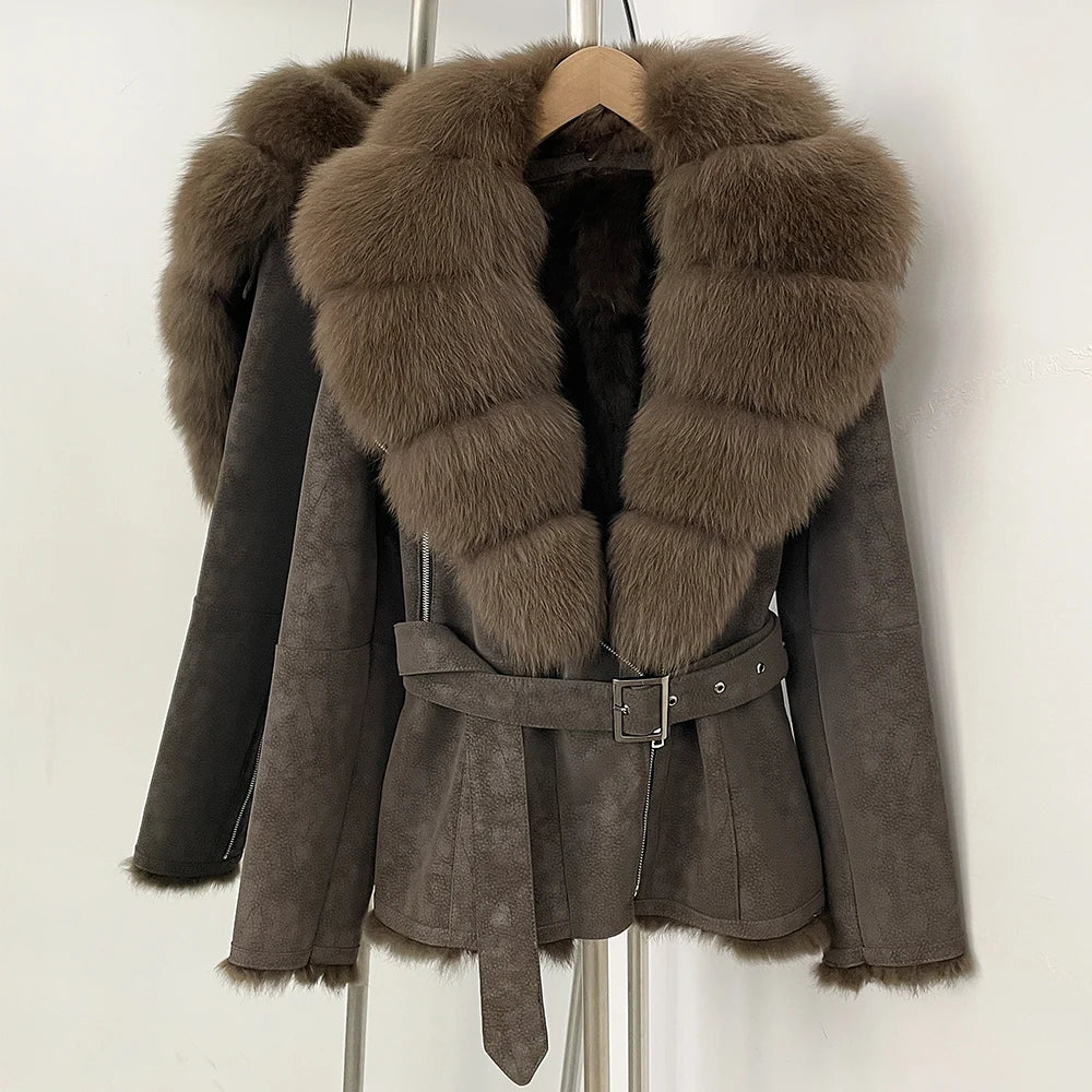OFTBUY New Women's Suede Jacket with Real Fox Fur Collar Real Rabbit Fur Lining Coat Female Belted Warm Winter Luxury Outerwear