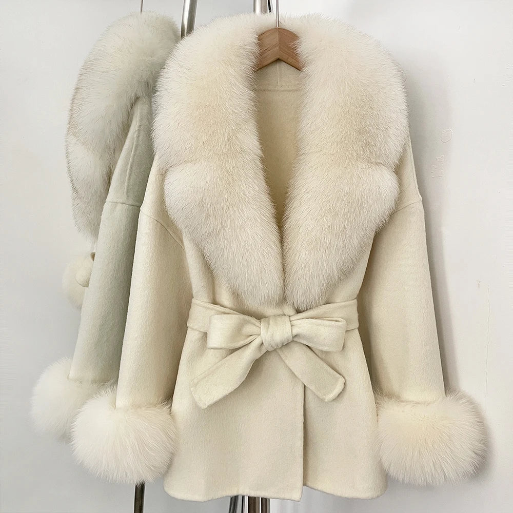 OFTBUY New Women's Double-Faced Wool Coat with Large Real Fox Fur Collar Cuffs Belted Warm Winter Elegant Fashion Outerwear Lady