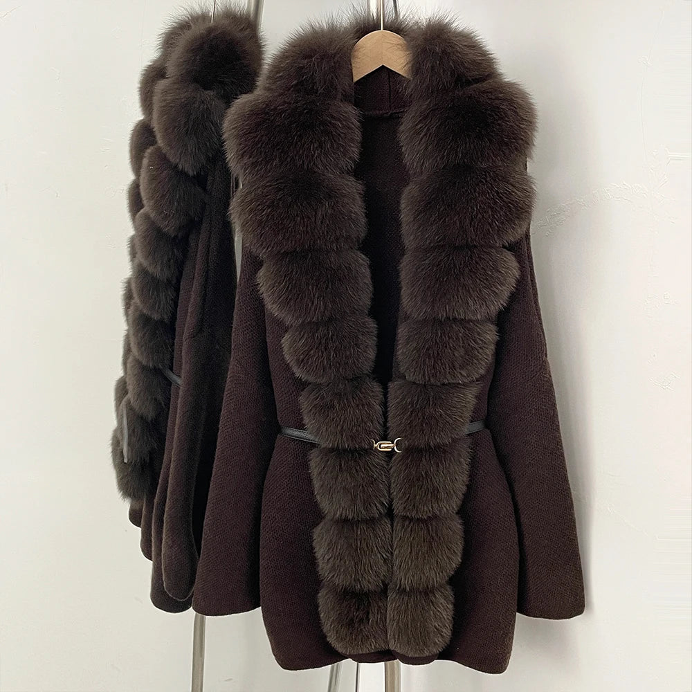 OFTBUY Metal Belt Knit Warm Winter Luxury Fashion Outerwear Sweater Cardigan New Women's Knit Coat with Full Real Fox Fur Front