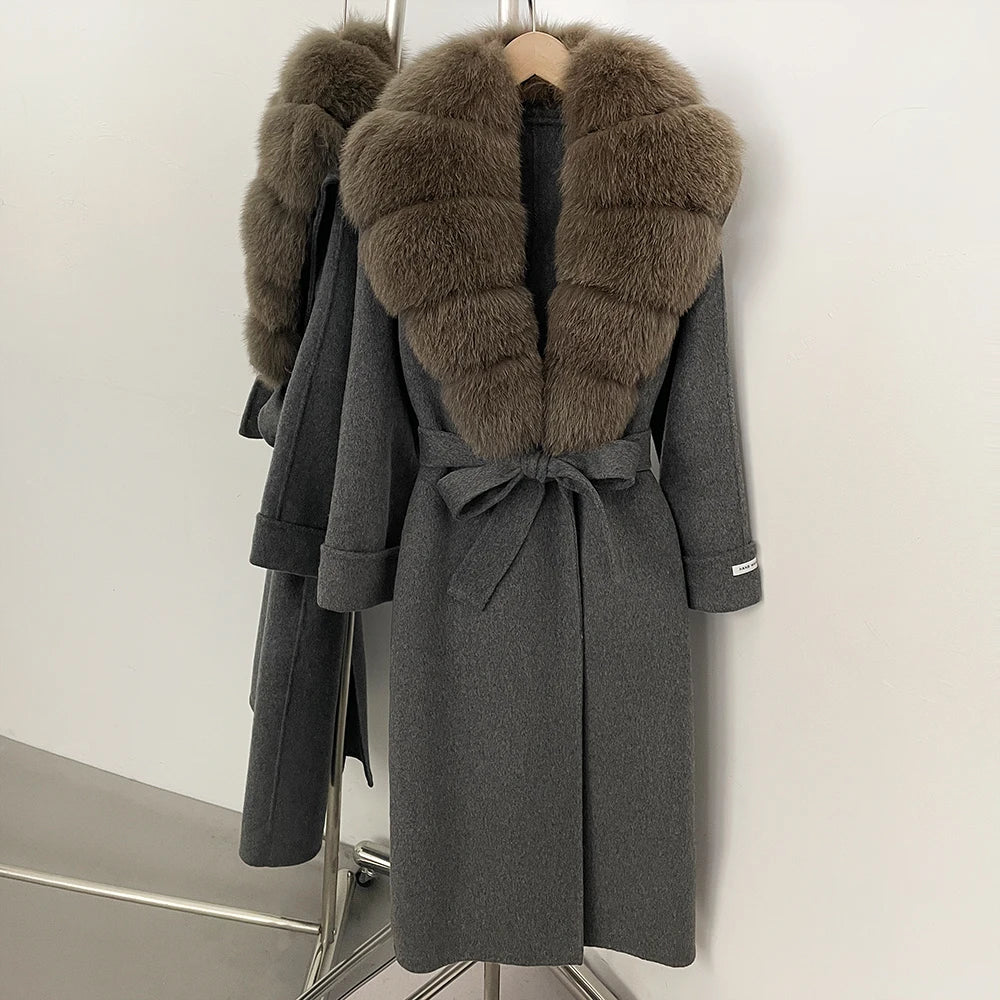 OFTBUY Belted Elegant Warm Outerwear Coat Female Women's Luxury Double-Faced Wool Jacket Winter Oversized Real Fox Fur Collar
