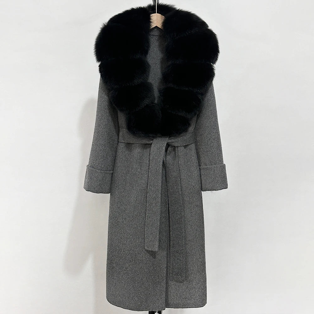 OFTBUY Long Belt 100% Wool Coat with Real Fox Fur Collar Warm Natural Fur Woolen Jacket Female New Autumn Winter Clothing Women