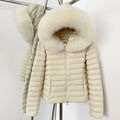 OFTBUY Hooded Slim Real Fox Fur Collar Fluffy Puffer Jacket Women New Winter Short Top Clothing Female Fur White Duck Down Coat