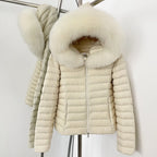 OFTBUY Hooded Slim Real Fox Fur Collar Fluffy Puffer Jacket Women New Winter Short Top Clothing Female Fur White Duck Down Coat