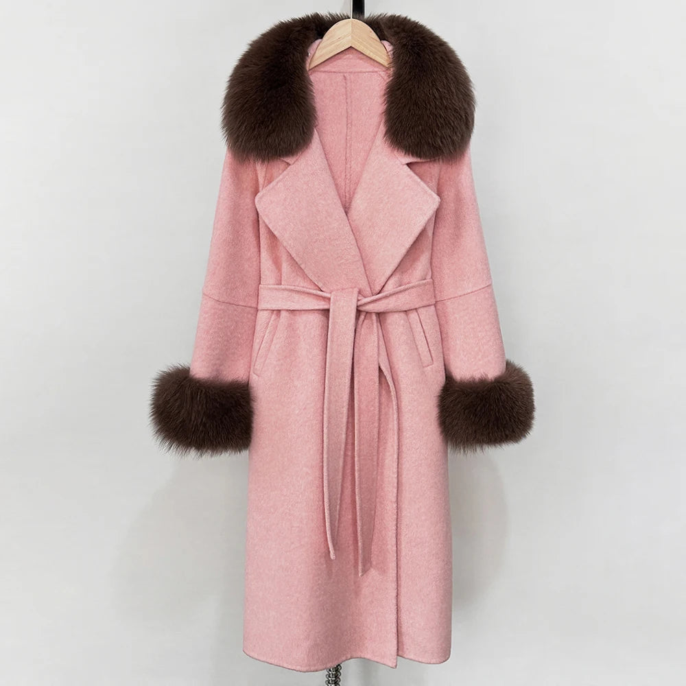 OFTBUY Fashion Warm Wool Coat with Real Fox Fur Collar New Autumn Winter Long Clothing Women Belt Elegant Woolen Jcacket Female