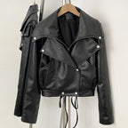 OFTBUY Women's Black Faux Leather Cropped Moto Jacket Asymmetric Zip PU Biker Coat Female New Autumn Vintage Punk Outerwear