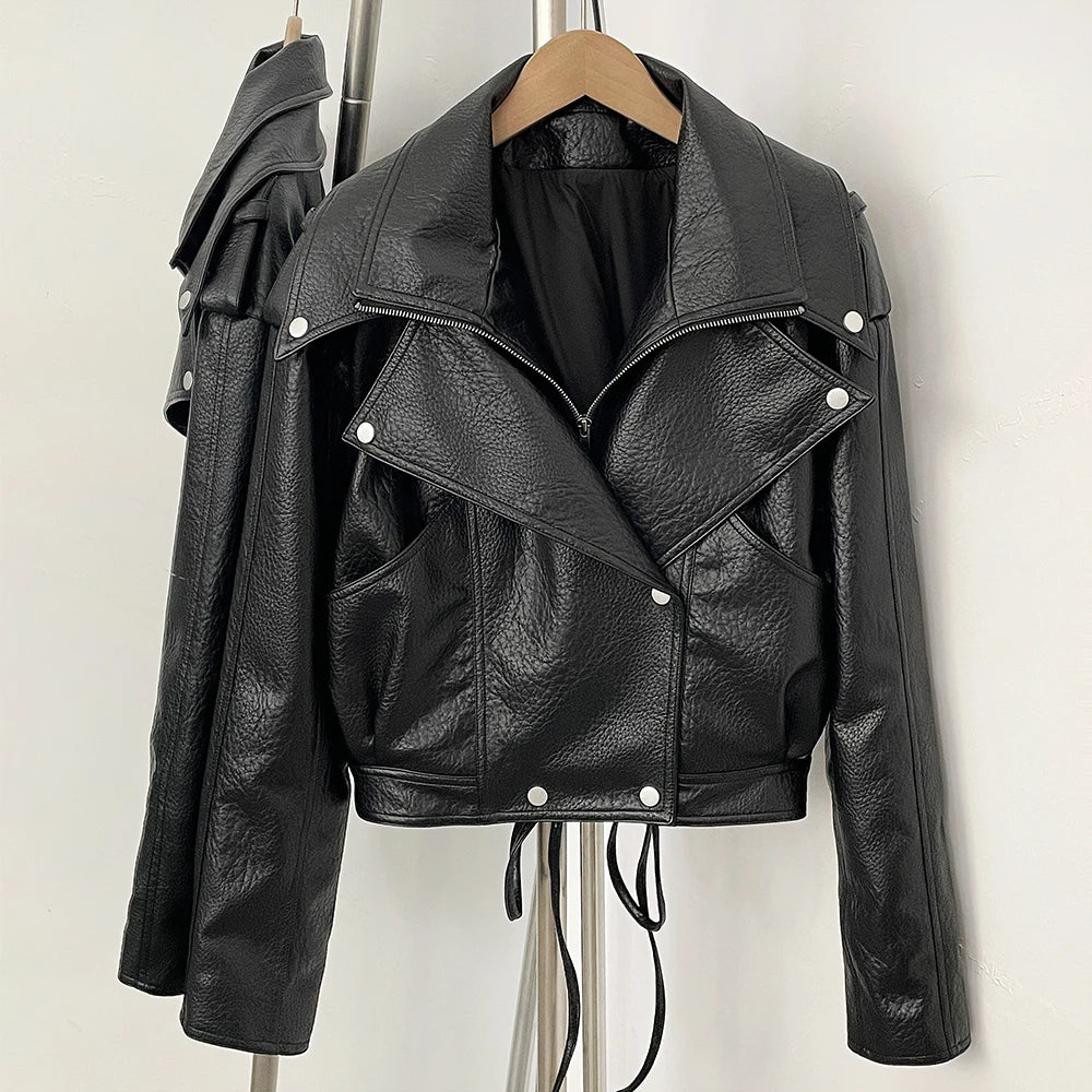 OFTBUY Women's Black Faux Leather Cropped Moto Jacket Asymmetric Zip PU Biker Coat Female New Autumn Vintage Punk Outerwear