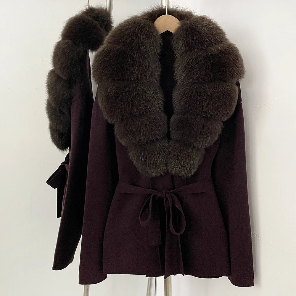 OFTBUY Fashion Real Fox Fur Collar Sweater Lady Loose Luxury Jacket Women's Clothes New Spring Autumn Belt Knit Cardigan Female