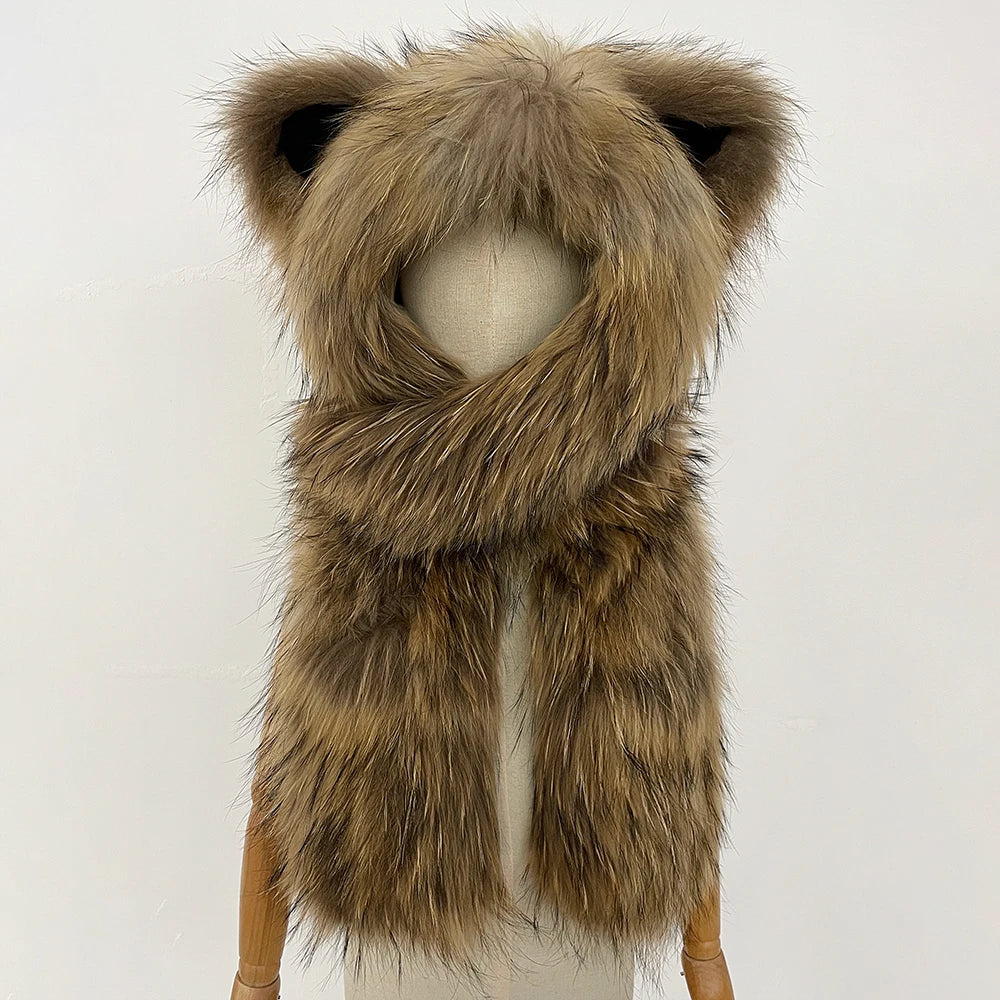 OFTBUY Thick Warm Cute Animal Natural Raccoon Fur Hat Scarf Women New Winter Windproof Cycling Caps Real Fur Muffler Female