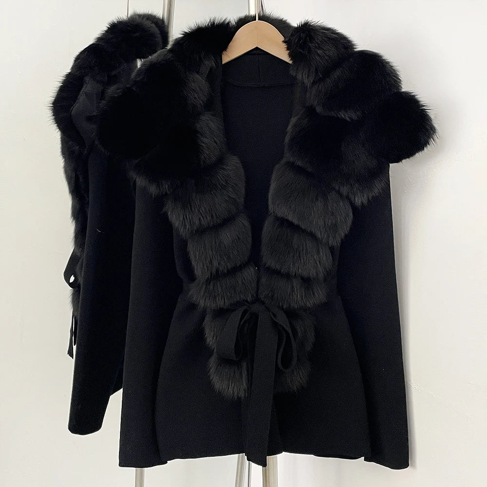 OFTBUY New Women's Knit Cardigan with Oversized Real Fox Fur Collar Belt Luxury Warm Winter Outerwear Sweater Jacket Female