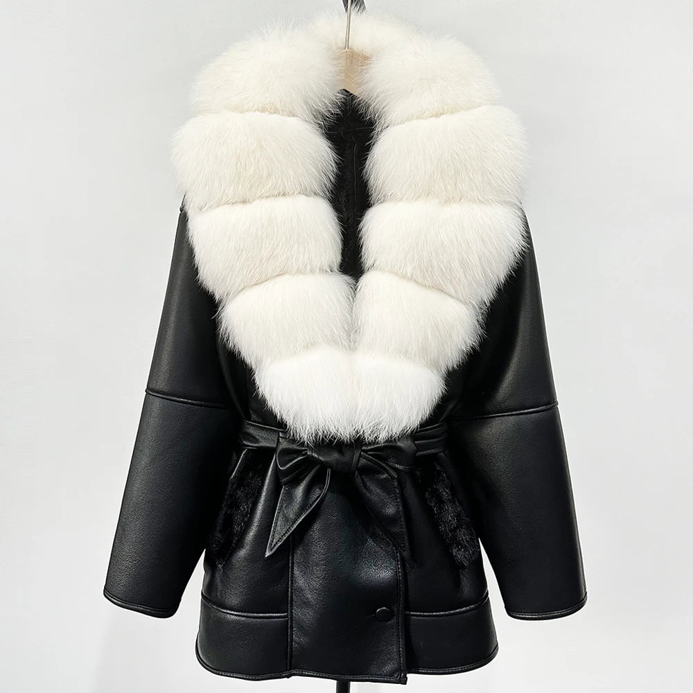 OFTBUY Large Natural Fox Fur Coat New Women Thick Warm Retro Faux Lamb Fur Jacket Belt Winter Female Parkas Outwear