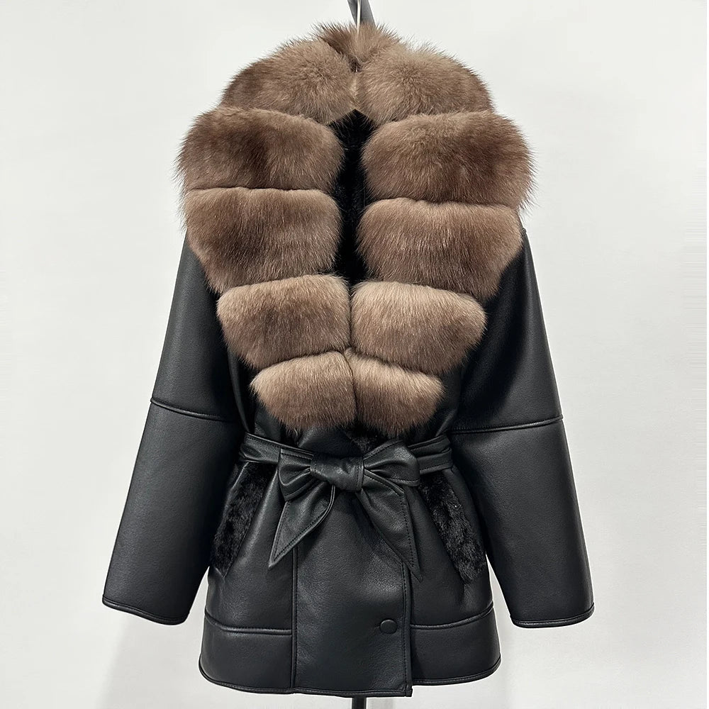 OFTBUY Large Natural Fox Fur Coat New Women Thick Warm Retro Faux Lamb Fur Jacket Belt Winter Female Parkas Outwear