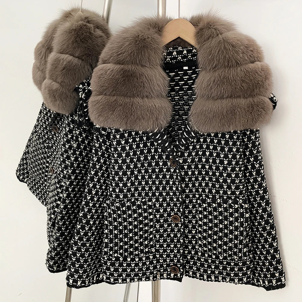 OFTBUY Women's Real Fox Raccoon Fur Collar Houndstooth Knit Cardigan Warm Winter Sweater Coat Female Luxury Elegant Outerwear