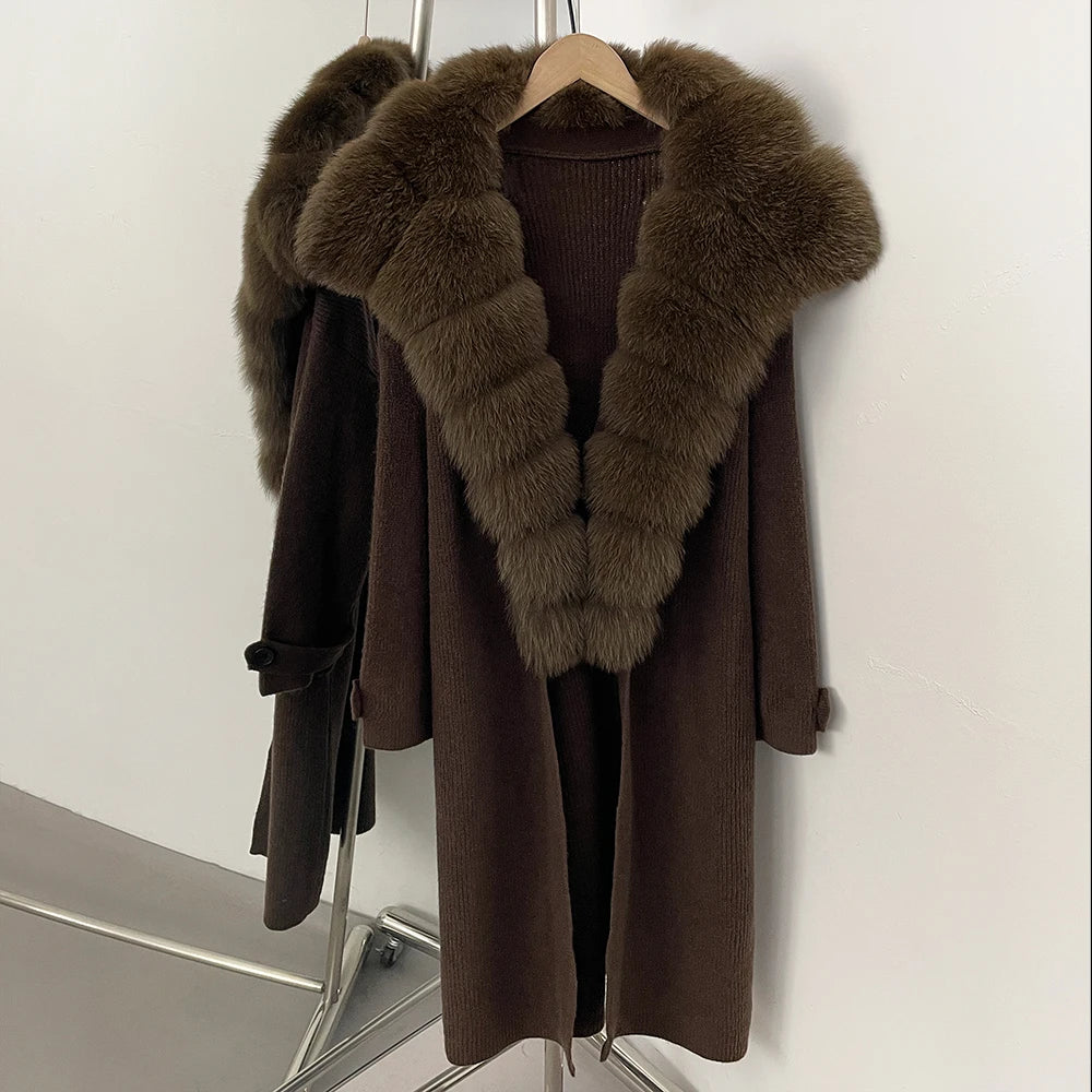 OFTBUY New Autumn Winter Knit Clothing Female Long Big Real Fox Fur Collar Sweater Women Warm Fashion Elegant Cardigan Coat