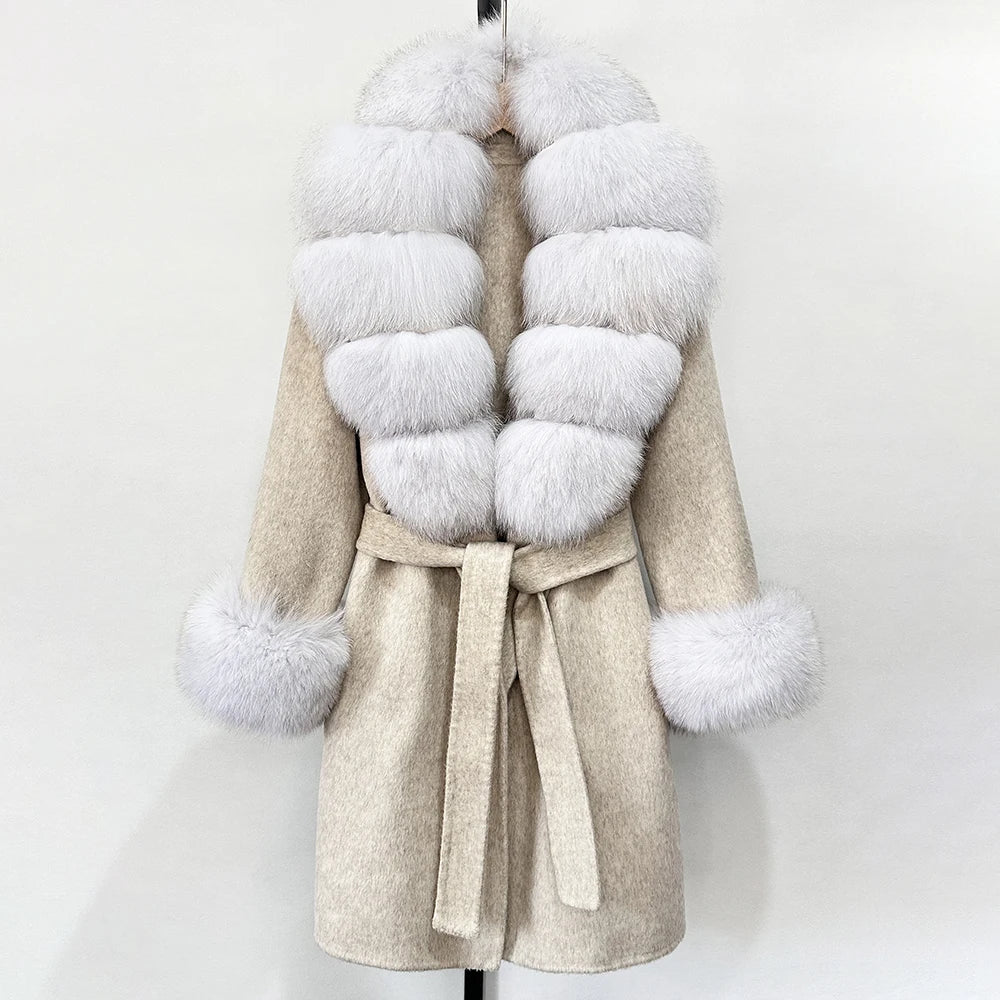 OFTBUY New Autumn Winter Top Clothes Women Belt Natural Fur Wool Coat Female Fashion Warm Woolen Jacket with Real Fox Fur Collar