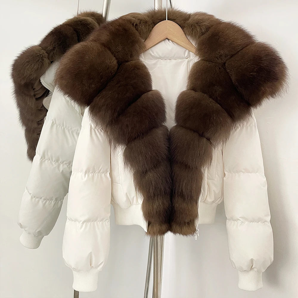 OFTBUY New Winter Real Fox Fur Hooded 90% White Duck Down Jacket Women Short Loose Puffer Coat Female Thicken Parkas