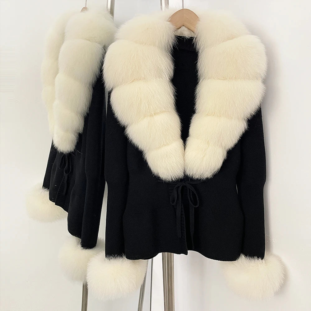 OFTBUY New Autumn Winter Knit Cardigan Women Fashion Warm Clothes with Real Fox Fur Luxury Natural Fur Sweater Jacket Female