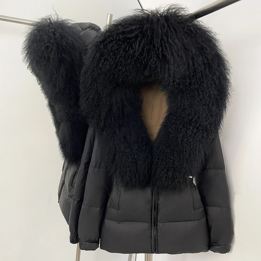 OFTBUY New Belted Luxury Warm Winter Women's Puffer Jacket with Real Mongolia Sheep Fur Collar Outerwear Duck Dowm Coat Female