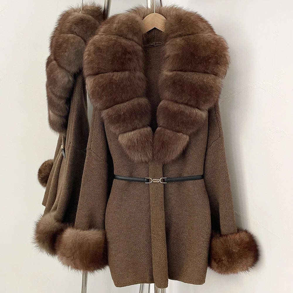OFTBUY Belt Knit Warm Winter Luxury Casual Fashion Outerwear Sweater Female New Women's Knit Coat with Large Real Fox Fur Collar