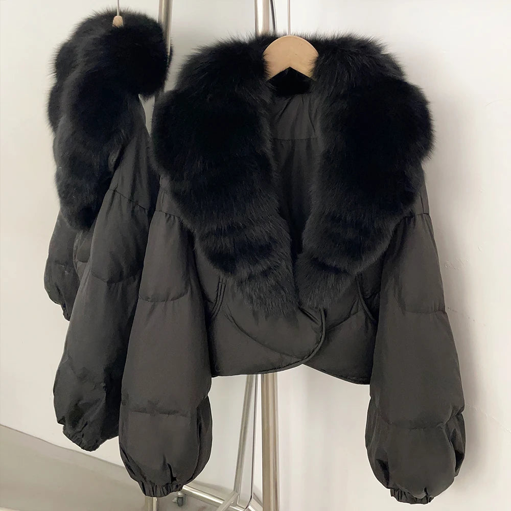 OFTBUY New Winter Real Fox Fur Short Puffer Jackets Women Natural Thick Warm 90% White Duck Down Cropped Loose Waterproof Coat