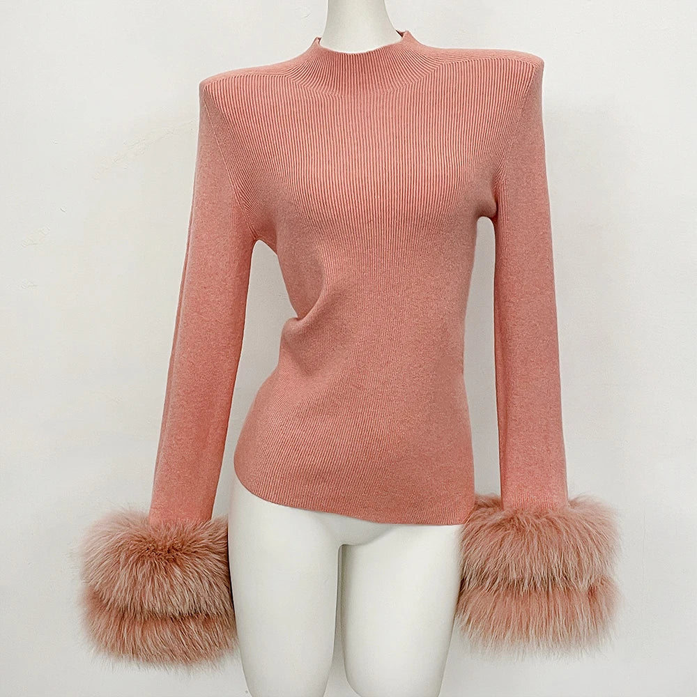OFTBUY Luxury Mock Neck Ribbed Knit Top with Oversized 100% Real Fox Fur Cuffs