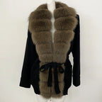 OFTBUY Trim Belted Waist Warm Winter Luxury Fashion Outerwear Sweater Female New Women's Knit Cardigan with Large Real Fox Fur