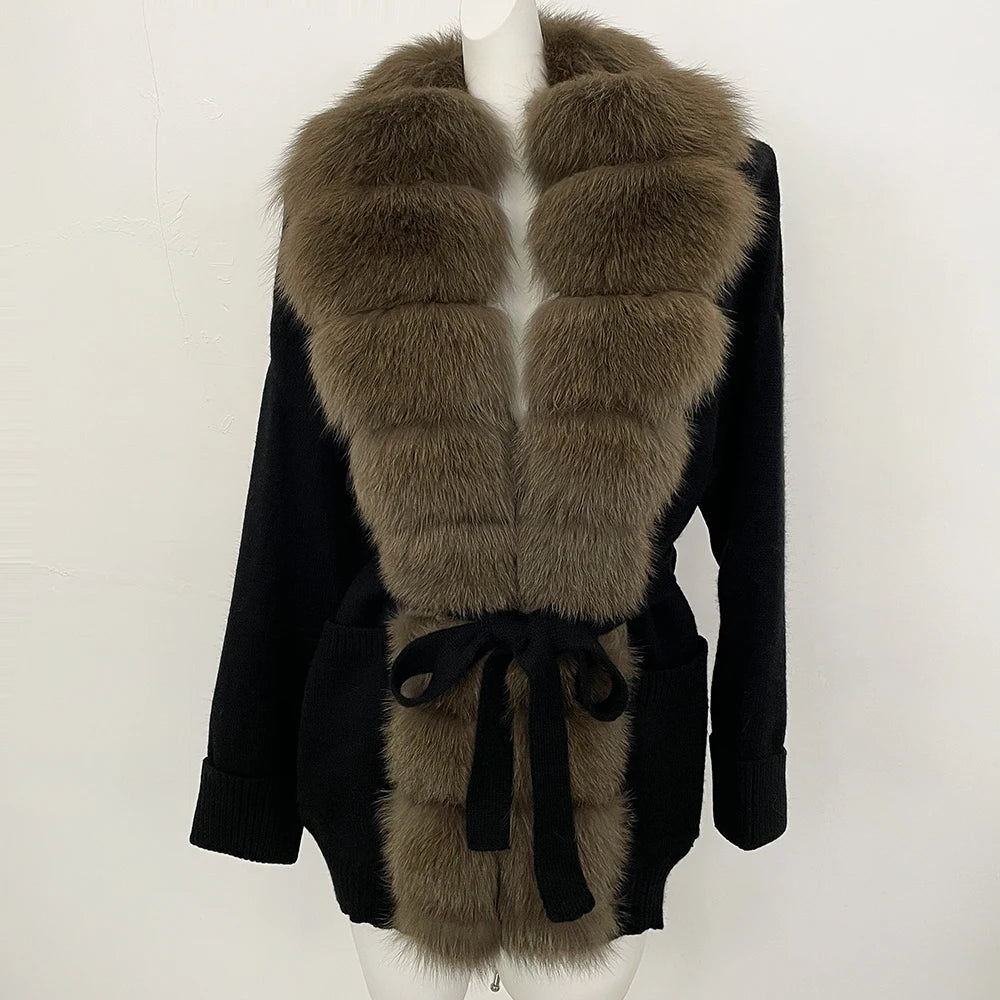OFTBUY Trim Belted Waist Warm Winter Luxury Fashion Outerwear Sweater Female New Women's Knit Cardigan with Large Real Fox Fur