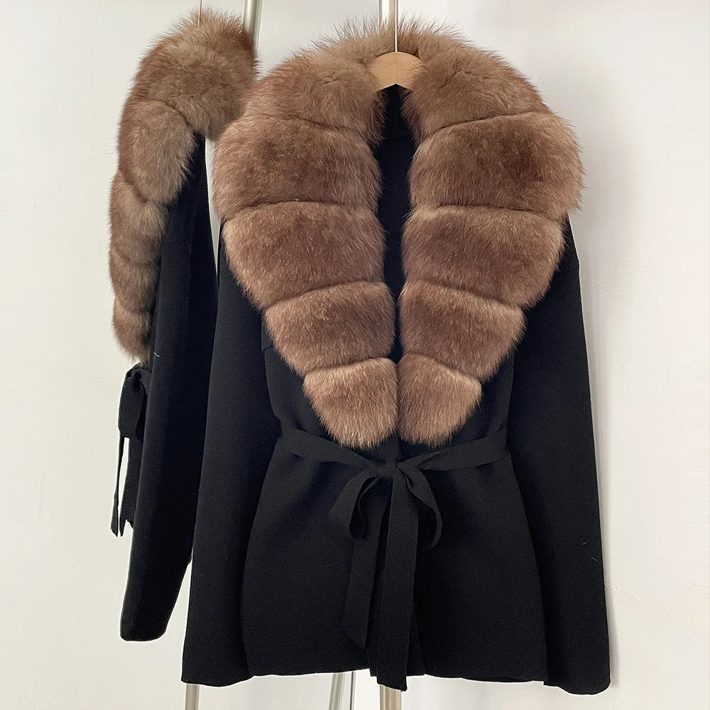 OFTBUY Fashion Real Fox Fur Collar Sweater Lady Loose Luxury Jacket Women's Clothes New Spring Autumn Belt Knit Cardigan Female