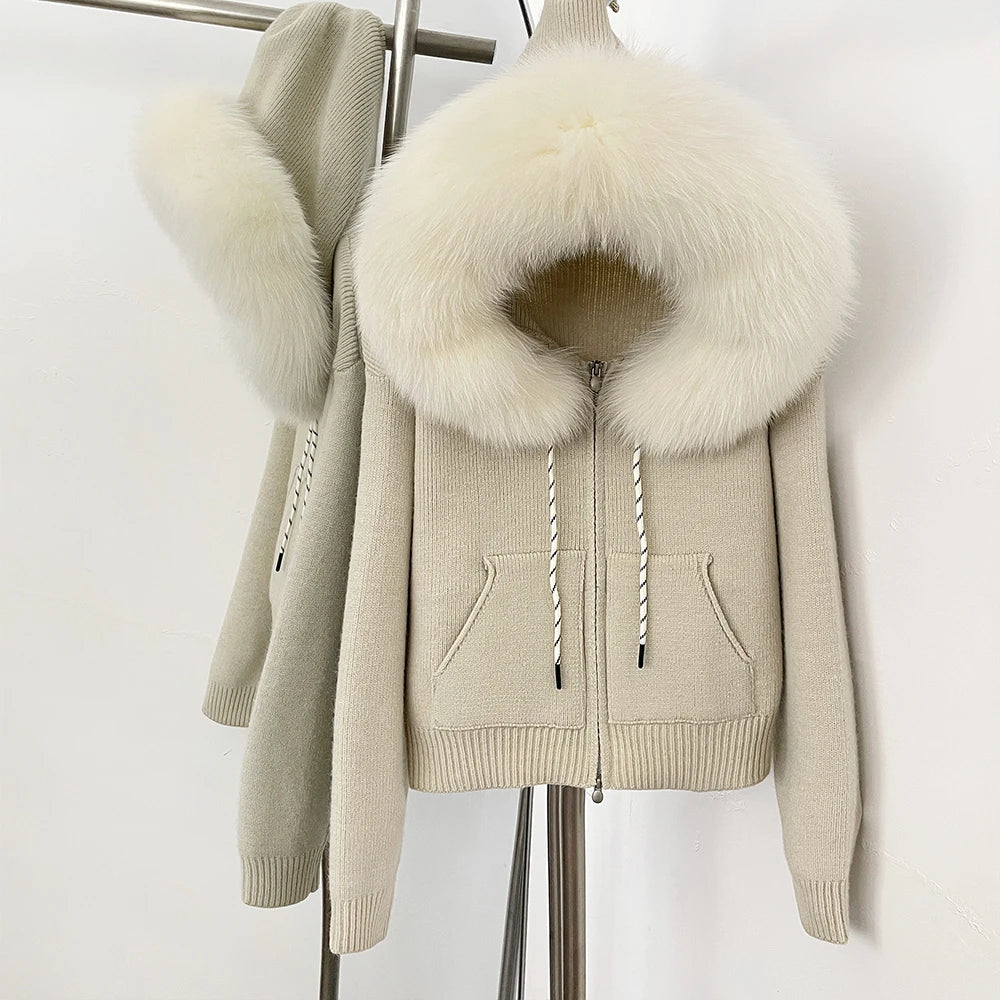 OFTBUY New Women's Beige Knit Hoodie with Large Real Fox Fur Trim Zipper Pockets Warm Winter Fashion Casual Outerwear Lady