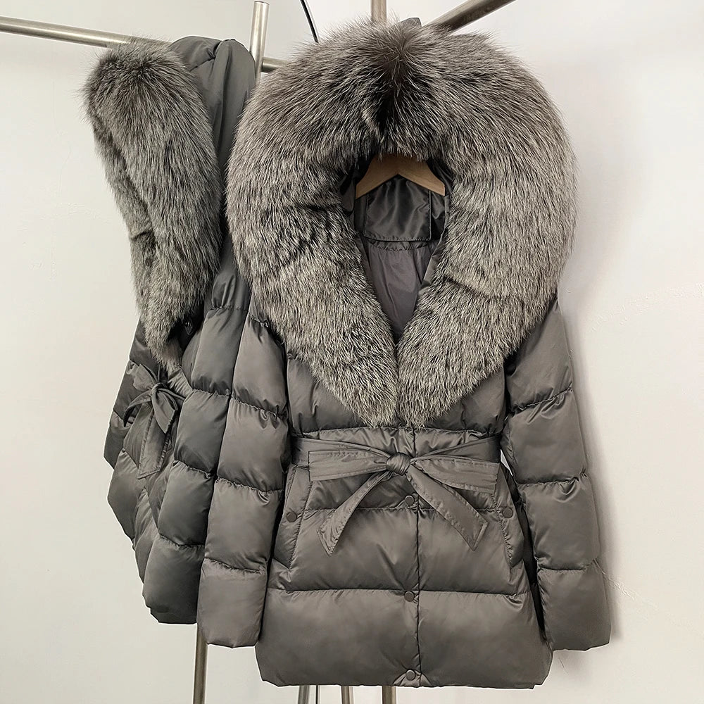 OFTBUY New Women's Duck Down Jacket with Large Real Fox Fur Hood Belted Waist Warm Winter Puffer Coat Lady Luxury Outerwear