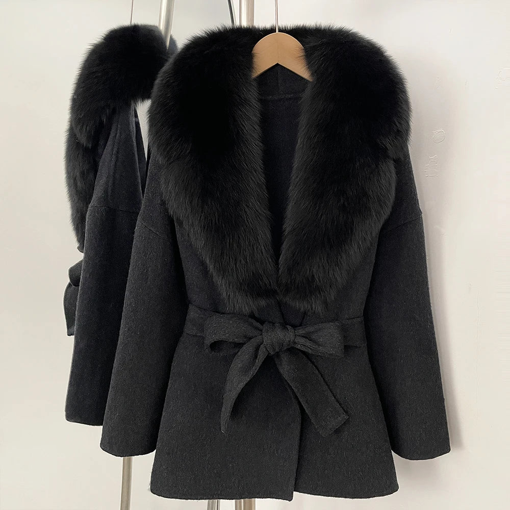 OFTBUY Belted Warm Winter Elegant Fashion Outerwear Lady New Women's Double-Faced Wool Coat with Large Real Fox Fur Collar Cuffs