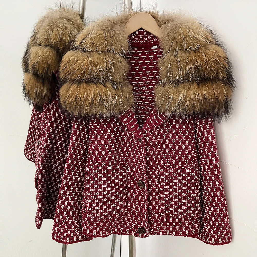 OFTBUY Women's Real Fox Raccoon Fur Collar Houndstooth Knit Cardigan Warm Winter Sweater Coat Female Luxury Elegant Outerwear