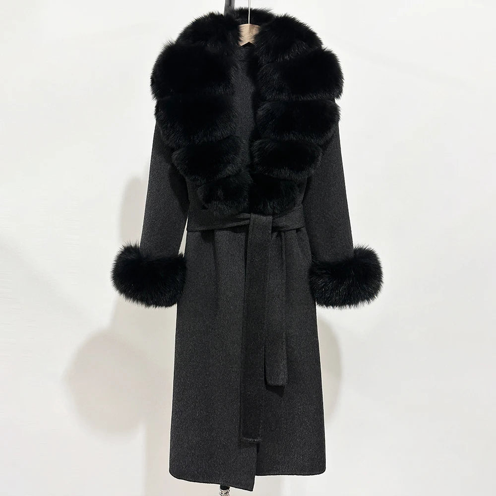 OFTBUY Fashion Warm Woolen Jacket with Real Fox Fur Collar and Cuffs New Autumn Winter Wool Clothing Women Long Belt Outerwear