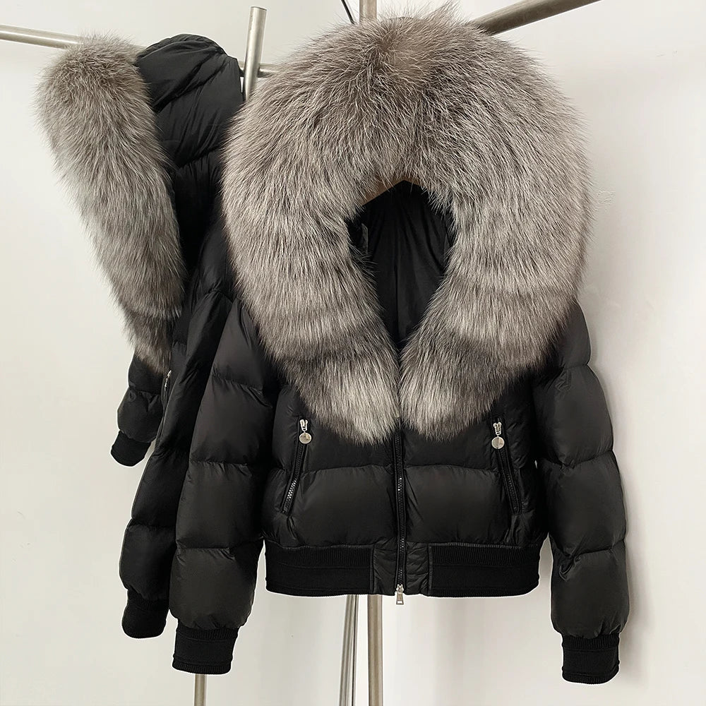 OFTBUY Hooded Thickened Warm Fluffy Puffer Jacket Women New Winter Real Fox Fur Top Clothing Natural Fur White Duck Down Coat