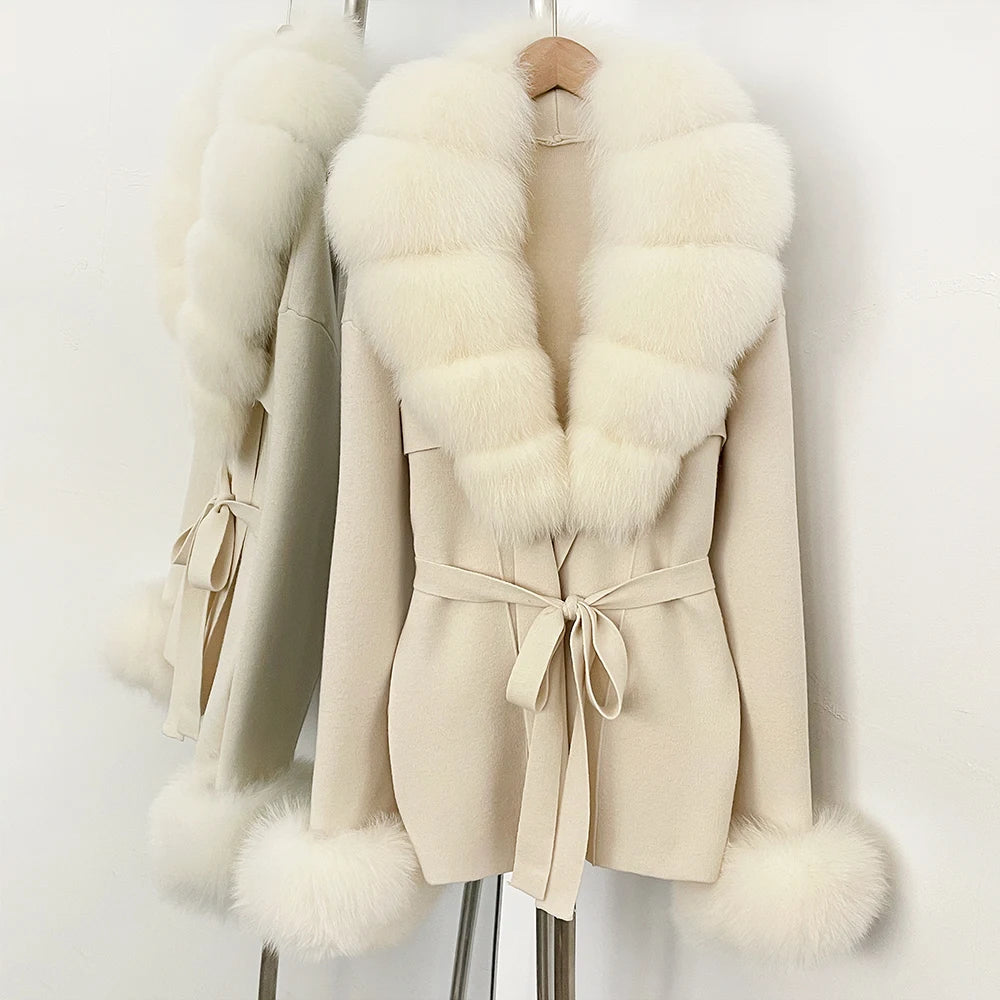 OFTBUY New Women's Knit Cardigan with Real Fox Fur Collar and Cuff Belt Luxury Coat Warm Autumn Fashion Outerwear Sweater Female