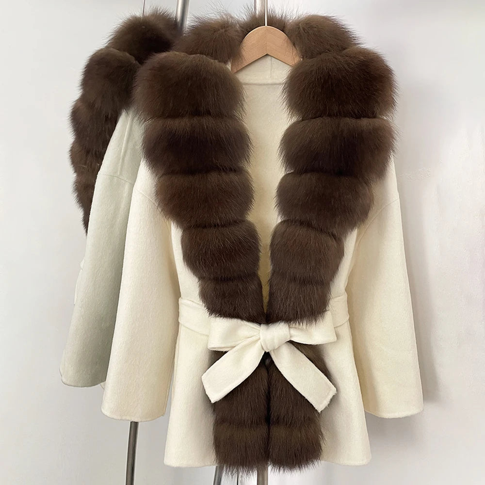 OFTBUY New Autumn Winter Clothes Women Big Natural Fox Fur Pinnacle 100% Wool Coat Female Belt Real Fur Collar Woolen Jacket