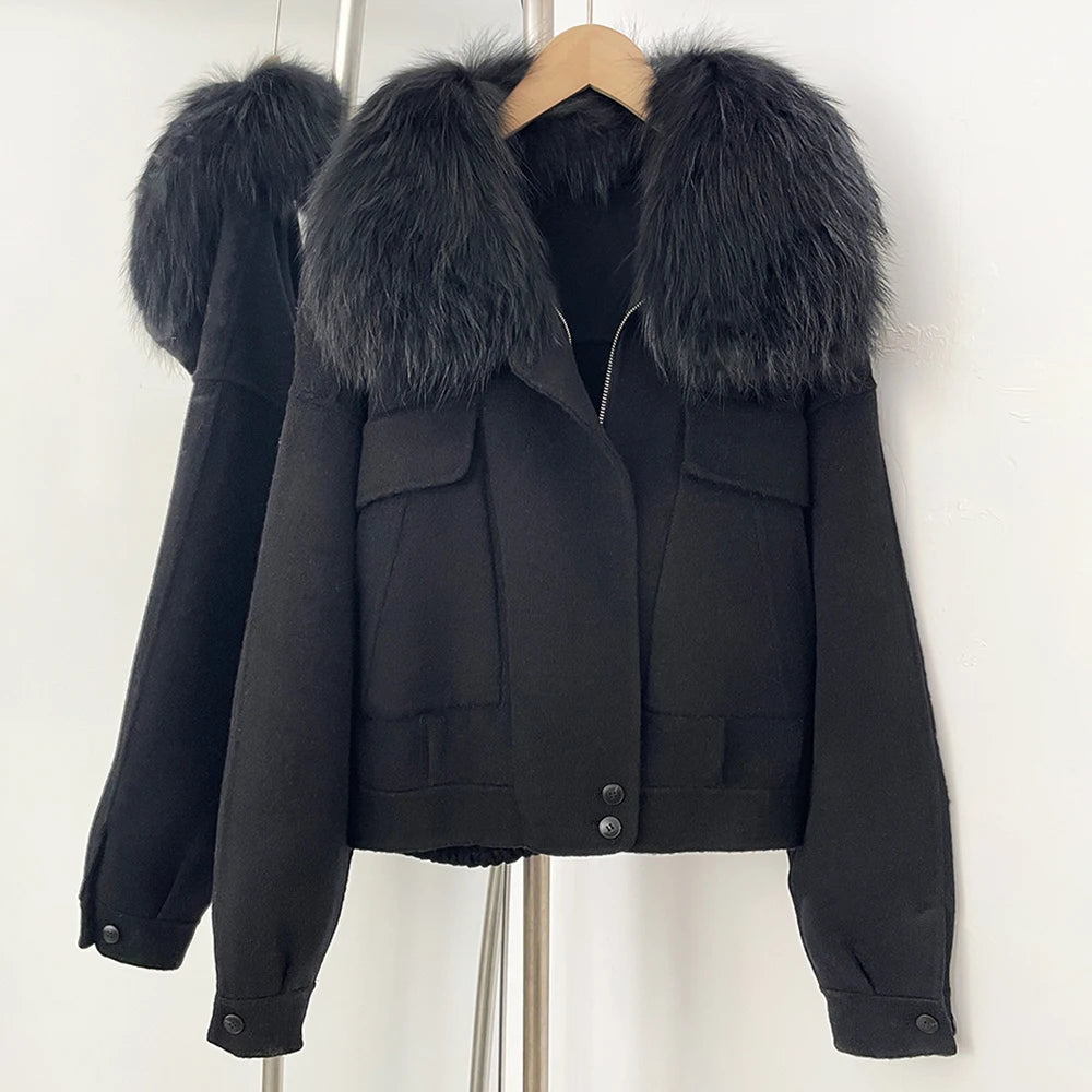 OFTBUY Short 100% Wool Coat Fahsion New Autumn Winter Real Fox Fur Top Clothes Women Natural Fur Cashmere Woolen Jacket Female