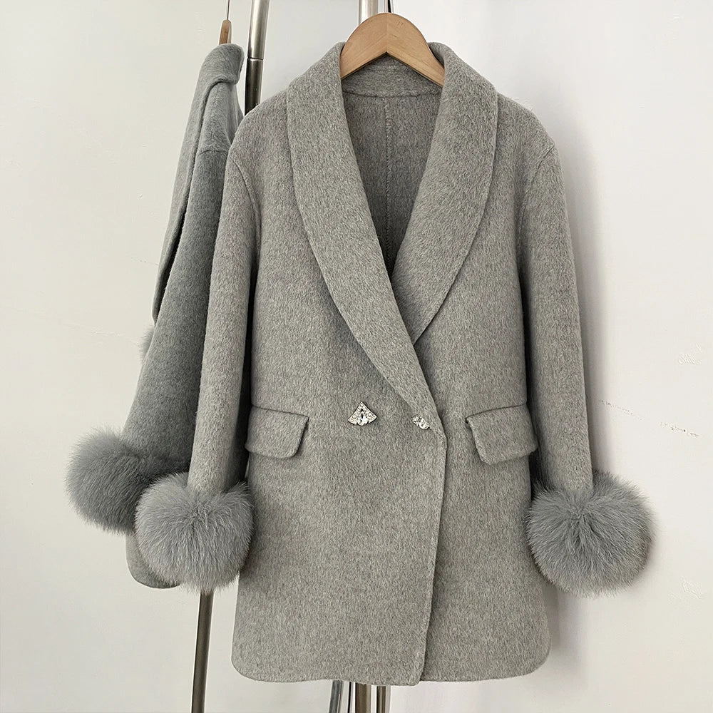 OFTBUY New Women's Wool Coat with Real Fox Fur Cuffs Double Breasted Diamond Button Lapel Winter Elegant Outerwear Female