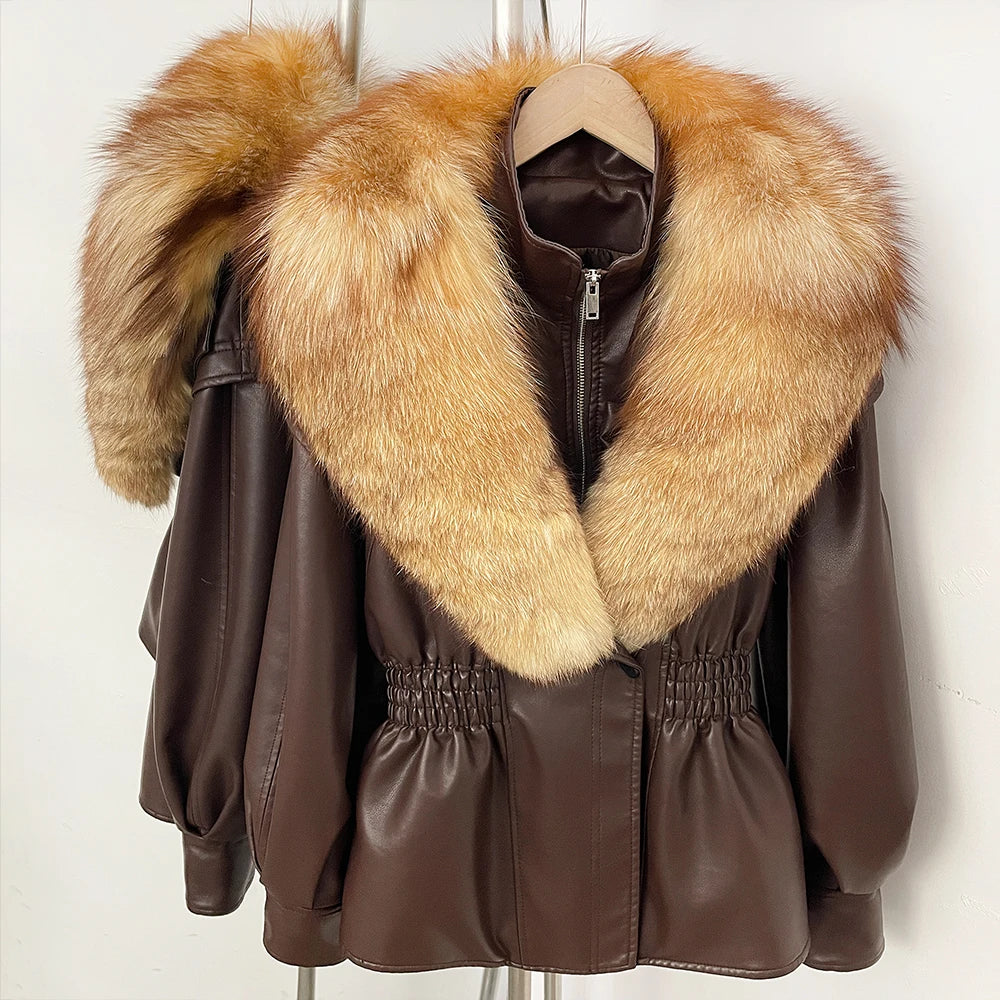 OFTBUY Women's Luxury Real Fox/Raccoon Fur Faux Leather Jacket Elastic Waist New Winter Coat Elegant PU Leather Outerwear Female