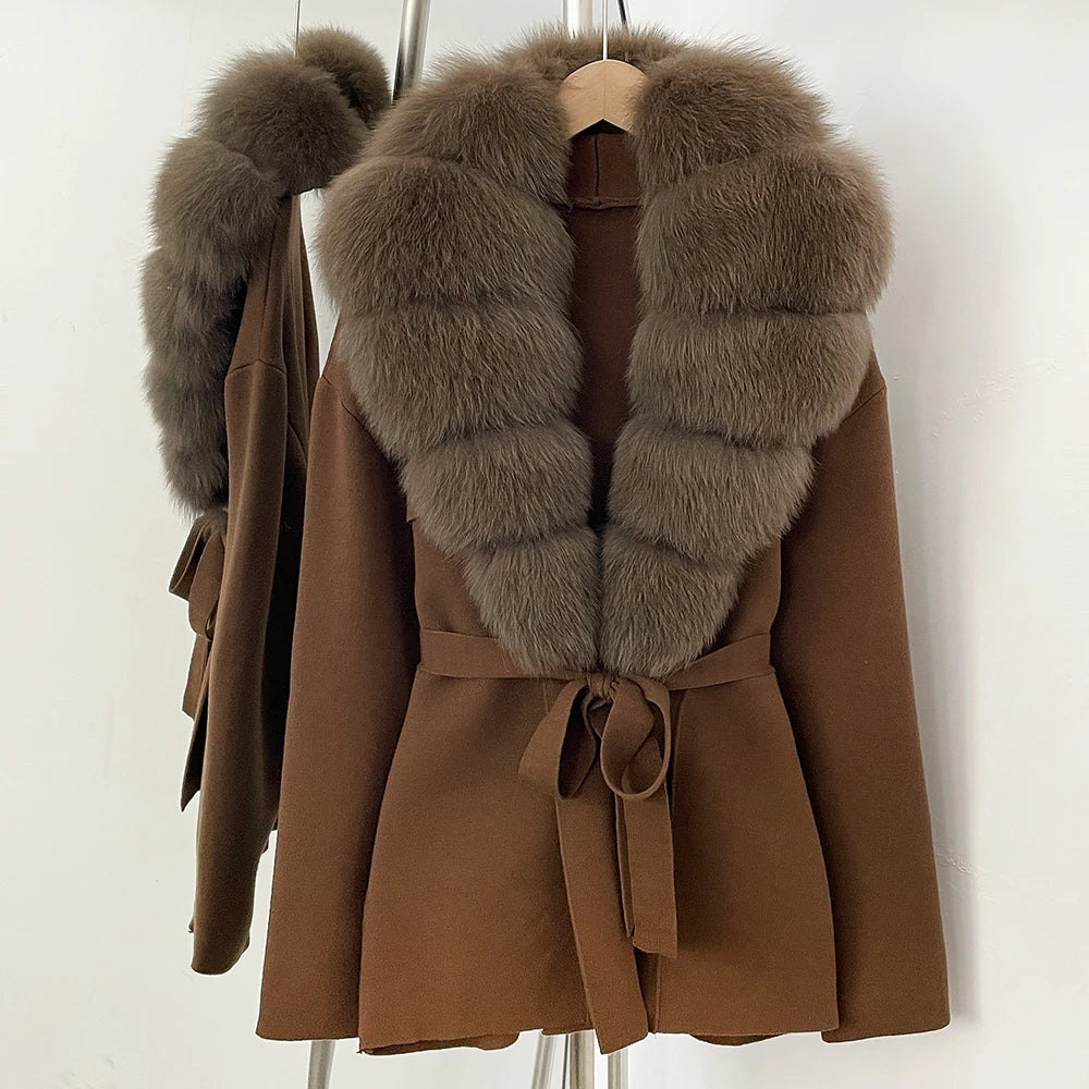 OFTBUY Fashion Real Fox Fur Collar Sweater Lady Loose Luxury Jacket Women's Clothes New Spring Autumn Belt Knit Cardigan Female