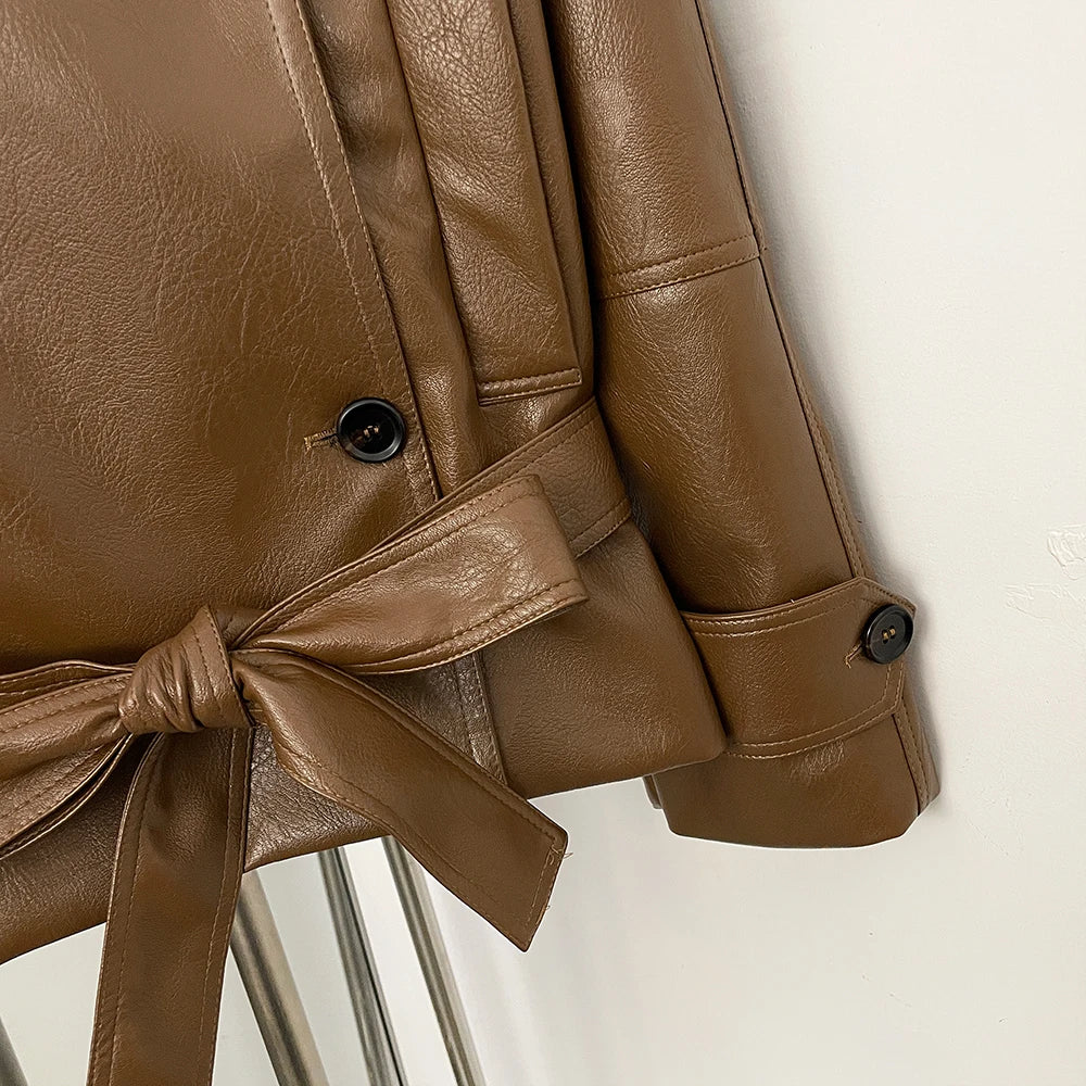 OFTBUY Women's Vintage Brown Faux Leather Trench Coat Double Breasted PU Jacket with Waist Belt Elegant Office Outerwear Female