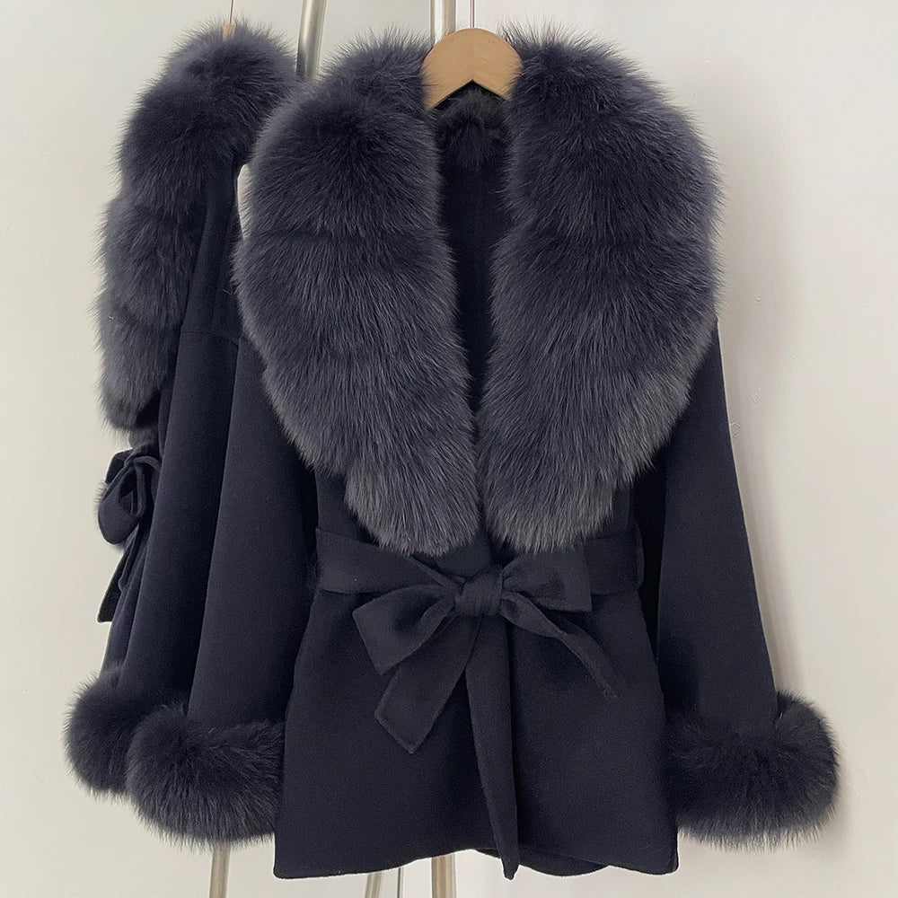 OFTBUY New Women's Double-Faced Wool Coat with Large Real Fox Fur Belted Warm Jacket Winter Elegant Fashion Outerwear Female