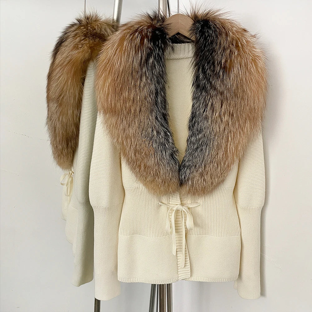 OFTBUY Luxury 100% Cotton Jacket with Real Fox Fur Collar New Autumn Winter Knit Cardigan Women Slim Warm Sweater Outerwear Lady
