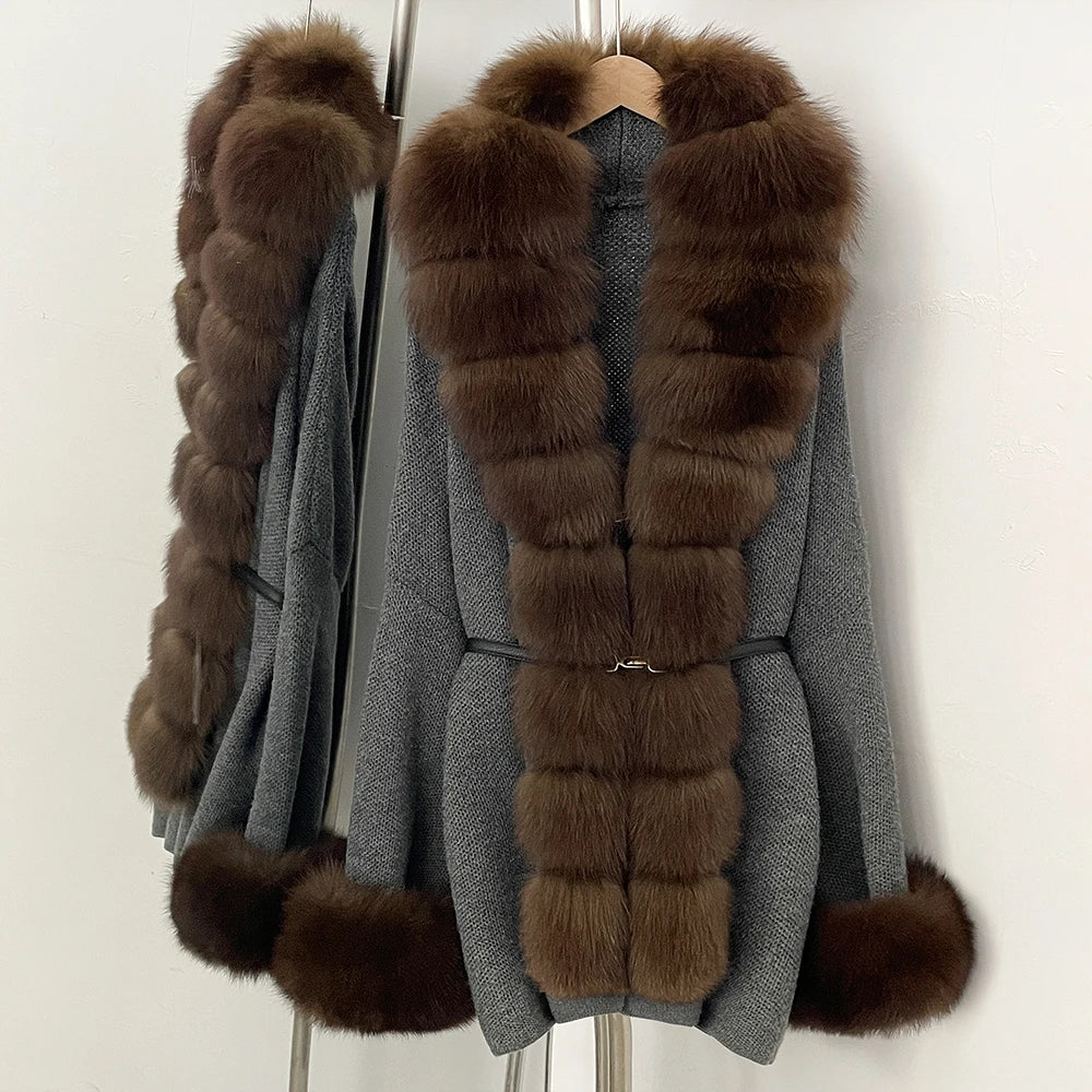 OFTBUY Belt Textured Knit Warm Winter Luxury Outerwear Female Sweater Cardigan New Women's Knit Coat with Large Real Fox Fur