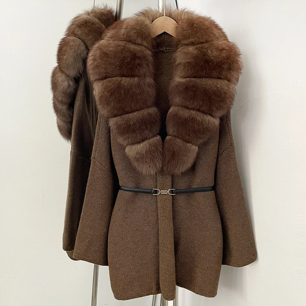 OFTBUY New Autumn Winter Luxury Fashion Outerwear Lady Women's Knit Coat with Large Real Fox Fur Collar Belt Textured Knit Warm